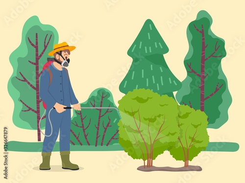 Farmer sprays poison plants using pulverizer on field. Green shrubs growth on garden, man caring about bush. Gardener work on lawn, spill toxicant on greenery. Vector illustration of farming in flat