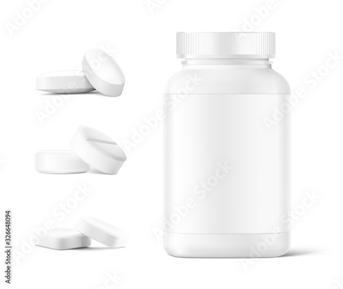 Plastic bottle with round pills mockup isolated on white background. Can be used for medical, cosmetic. Vector illustration. EPS10.	