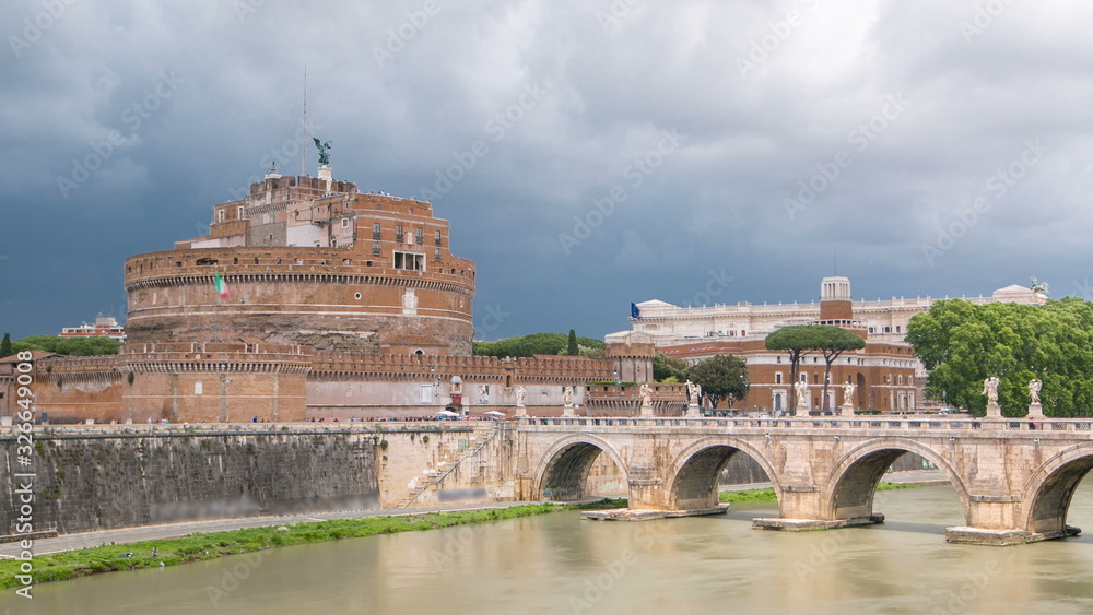 View on famous Saint Angel castle timelapse and bridge over the Tiber river in Rome, Italy.