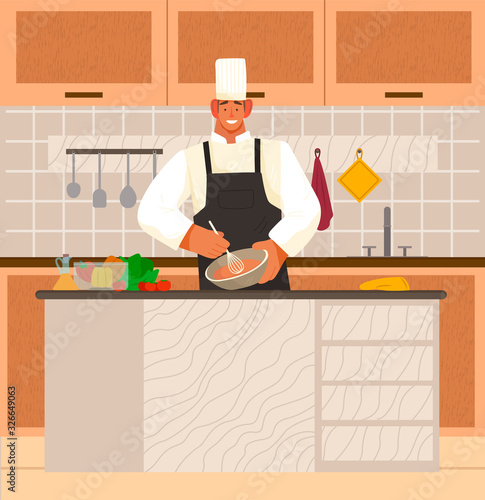 Man stand by table in kitchen at home or restaurant. Chef cook meal from products on desk. Interior with wooden surfaces and shelves with kitchenware and plates. Vector illustration of cooking process