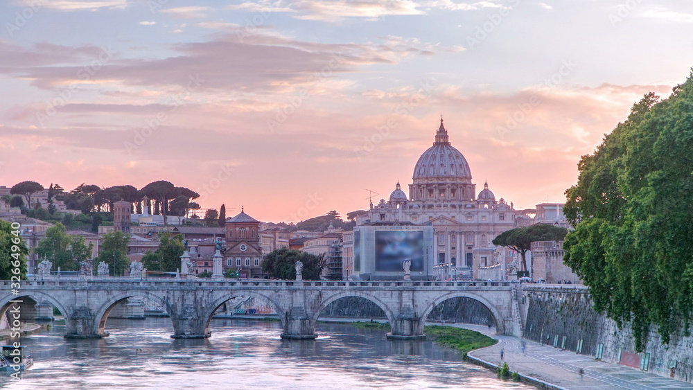 Rome, Italy: St. Peter's Basilica, Saint Angelo Bridge and Tiber River in the sunset timelapse
