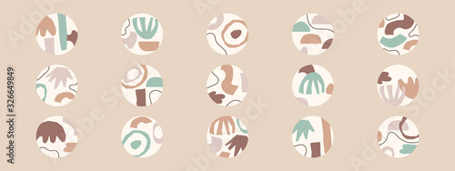 Fototapeta Naklejka Na Ścianę i Meble -  Big set of various highlight covers, abstract backgrounds with various hand drawn organic shapes, lines, spots, dots, doodle objects, round icons templates for social media stories