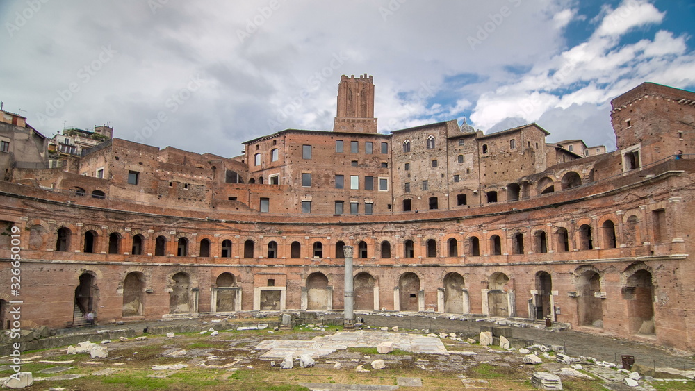 A panoramic view on Trajan's Market timelapse  on the Via dei Fori Imperiali, in Rome, Italy
