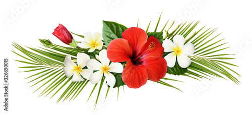 Red hibiscus and fragipani flowers with green tropical leaves in exotic arrangement