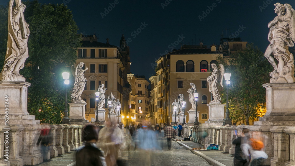 Fototapeta premium Stunning Ponte Sant'Angelo bridge timelapse crossing the river Tiber near Castel Sant'Angelo in Rome.