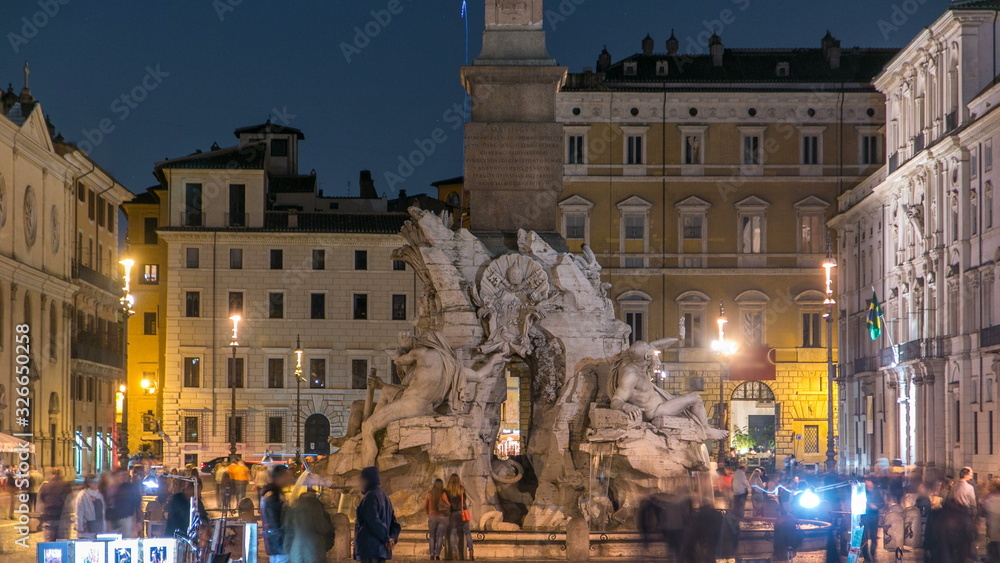 Fototapeta premium Fountain of the Four Rivers timelapse, Piazza Navona Rome, Fontana di Quattro Fiume, Bernini marble sculpture