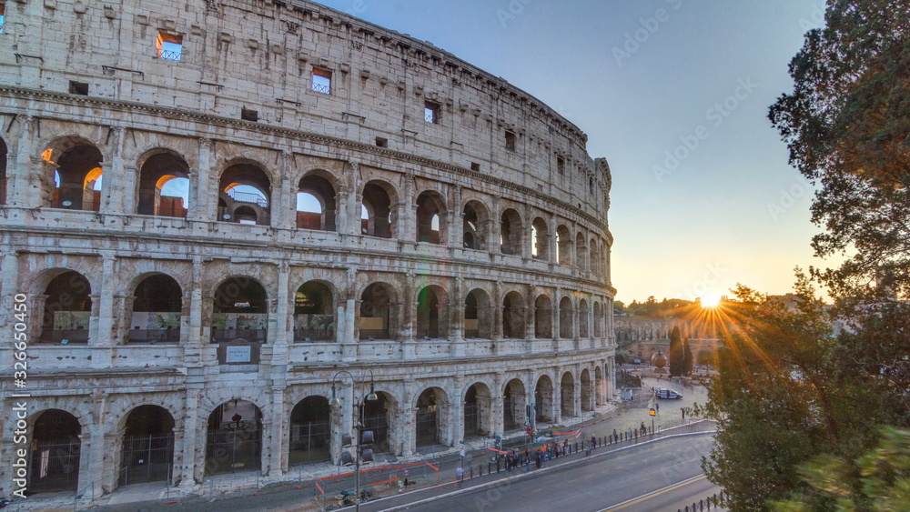 Amphitheater Colosseum view at sunset timelapse top view