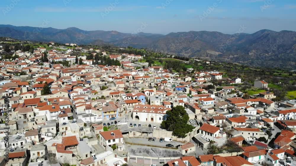 Drone view of lefkara mountains old village in Cyprus, church and houses Drone view of lefkara mountains old village in Cyprus, church and houses