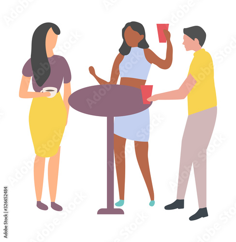 Man and woman dancing near table, girls wearing dress, friends characters holding drink, nightlife entertainment, people in nightclub, clubber vector