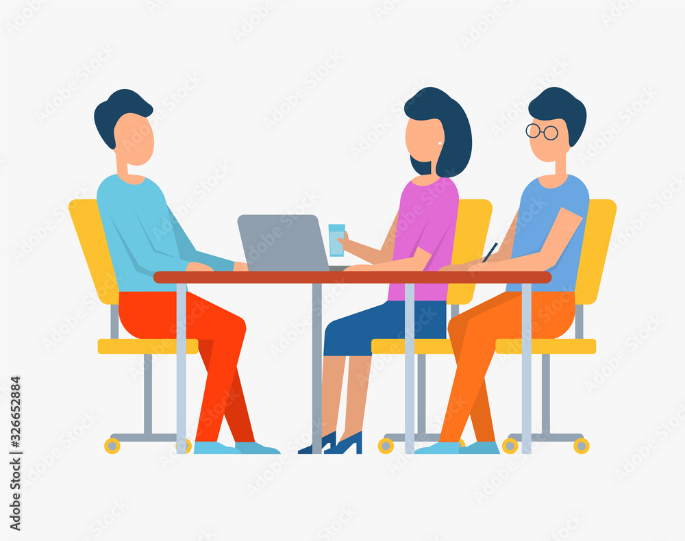 People working on laptop vector, male and female listening to boss, management coworking meeting of workers. Coworkers discussing details of business People working on laptop vector, male and female listening to boss, management coworking meeting of workers. Coworkers discussing details of business