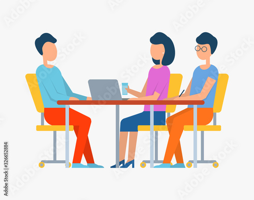 People working on laptop vector, male and female listening to boss, management coworking meeting of workers. Coworkers discussing details of business