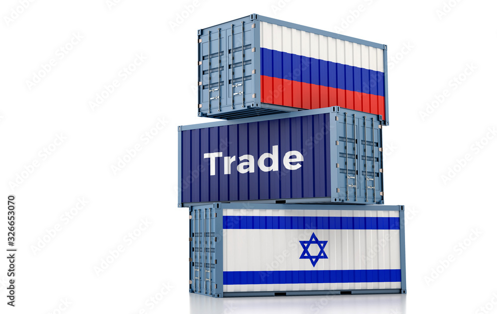 Freight container with Russia and Israel flag. 3D Rendering Freight container with Russia and Israel flag. 3D Rendering