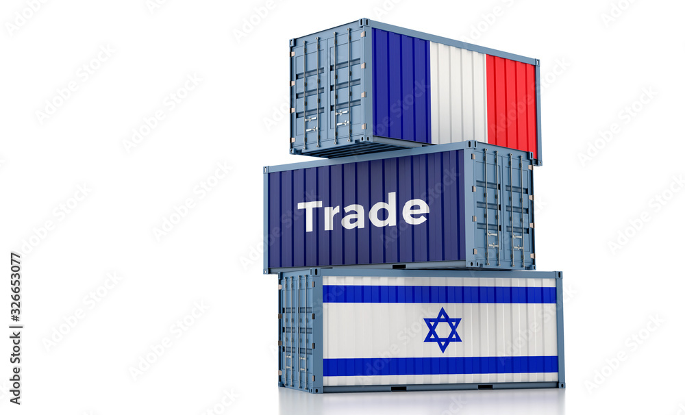 Freight container with France and Israel flag. 3D Rendering Freight container with France and Israel flag. 3D Rendering