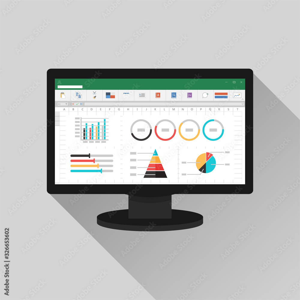Spreadsheet on Computer screen flat icon. Financial accounting report concept. office things for planning and accounting, analysis, audit, project management, marketing, research vector illustration Spreadsheet on Computer screen flat icon. Financial accounting report concept. office things for planning and accounting, analysis, audit, project management, marketing, research vector illustration