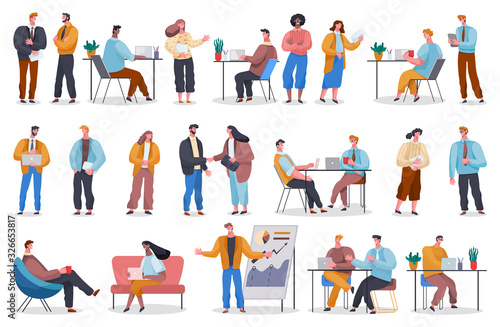 Collection of working people. Freelancers at home and office workers with laptops. Teams and colleagues characters discussing projects. Partners and coworkers talking at work. Vector people in office