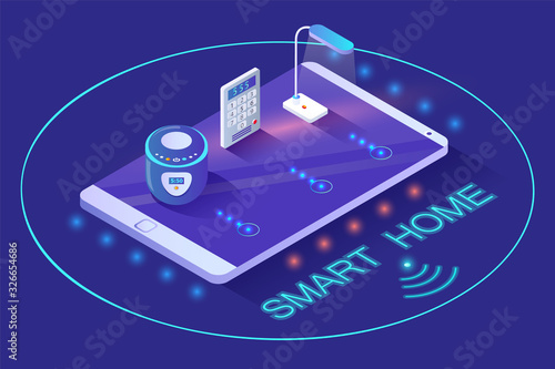 Smart home wireless device lamp and intercom electronic equipment on touchscreen phone in neon circle. Connection with online safety technology light and smart key on mobile secure gadget, isometric