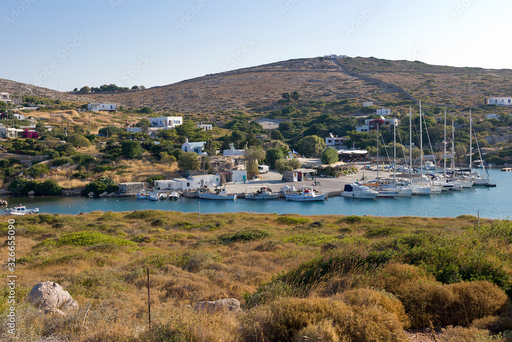 Arki island, the small village and his port surrounded by taverns. Aegean sea, Dodecanese Islands, Greece