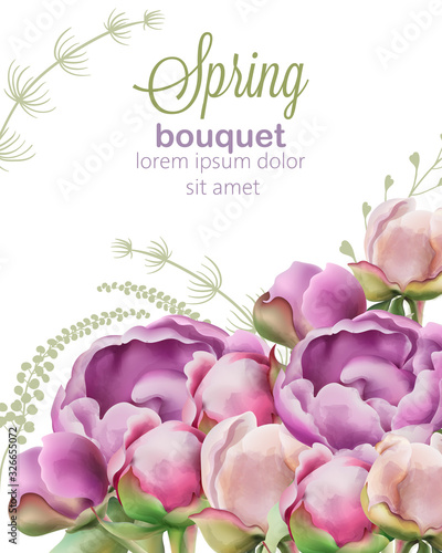 Spring bouquet of peony and tulip flowers in watercolor style