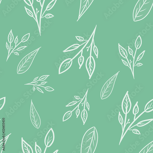 seamless pattern with white outline branches and leaves on minty green background. Doodle pattern. Spring/ summer print. Packaging, wallpaper, textile, fabric design