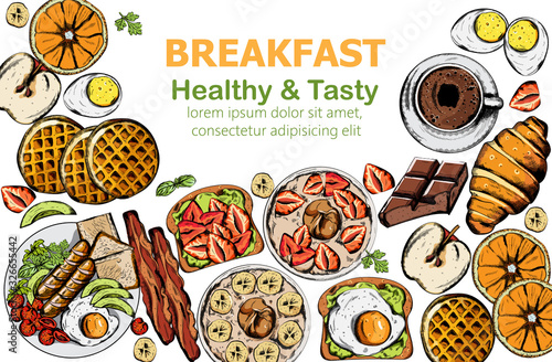 Healthy and tasty breakfast set with multiple food and drinks
