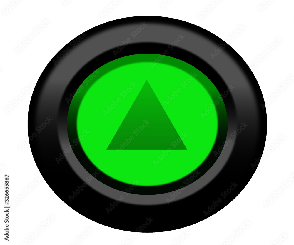 Green button with up arrow, shiny icon with black metal frame, 3D button, green button on white background Green button with up arrow, shiny icon with black metal frame, 3D button, green button on white background