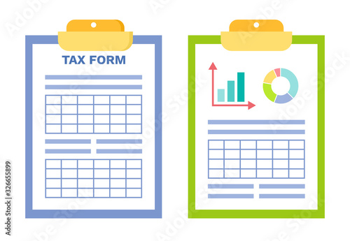 Information with stats vector, clipboard with infographics and pie diagram with colored segments, table with data, set of papers document banking system