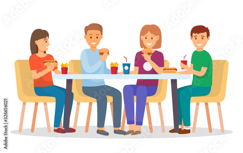 People in fast food restaurant for dinner or lunch. Friends and family eating out in cafe. Table with meals like hot dog, burger and soda. Men and women isolated on white. Vector illustration in flat