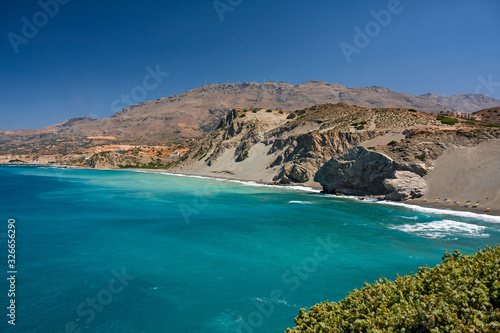 Panoramic view of the mountainous and wild landscape of the southern coast of Crete in Greece.