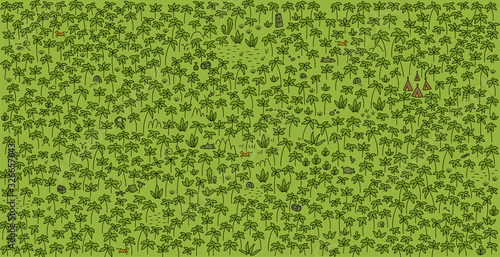 Palm trees Jungle forest. Adventure green pattern background. Find treasures in the forest. Cartoon hand drawn vector.