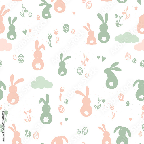 Cute hand drawn seamless pattern with bunnies  easter eggs  flowers and butterflies  great for textiles  banners  wallpapers  websites  cards - vector design