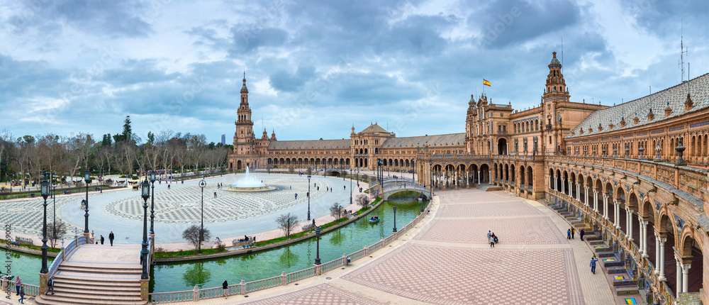 Panoramic view of Spanish Square (Plaza de Espana) in Seville, Andalusia, Spain.