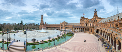 Panoramic view of Spanish Square (Plaza de Espana) in Seville, Andalusia, Spain.