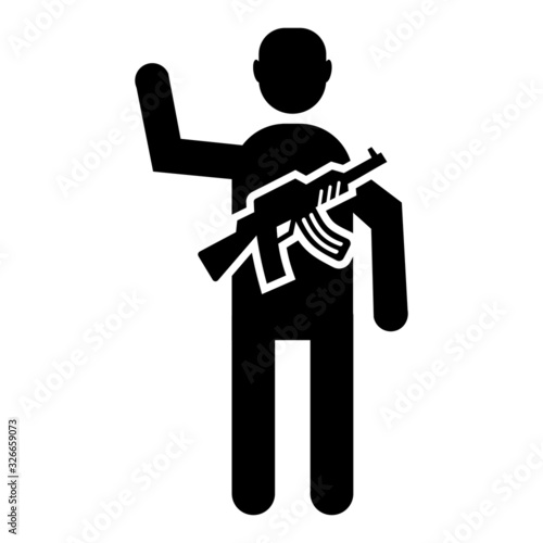 Terrorist concept, Man waving hand with Rifle on white background, Militant Vector Icon Design