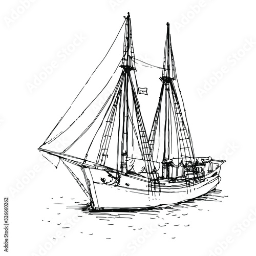 Old Sailboat, vintage ship, yacht, boat. Hand drawn line art, doodle ink sketch. Stock vector illustration isolated on white background