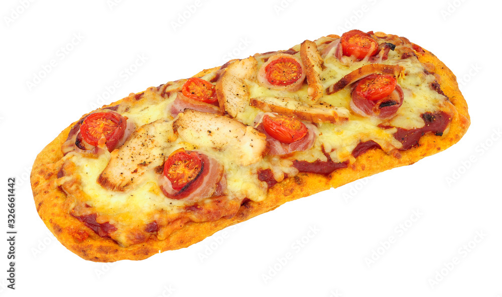 Bacon and tomato flat bread pizza with cheese isolated on a white background Bacon and tomato flat bread pizza with cheese isolated on a white background