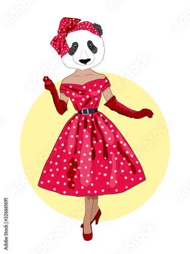 fashion animal illustration, anthropomorphic design, furry art, hand drawn illustration of dressed up panda girl