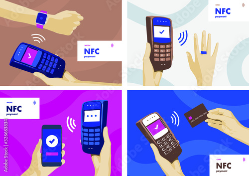 NFC terminal payment. Different pos purchase by card, ring, watch, smartphone. Digital wireless transaction concept. Electronic finance banners for web or articles. Vector illustration