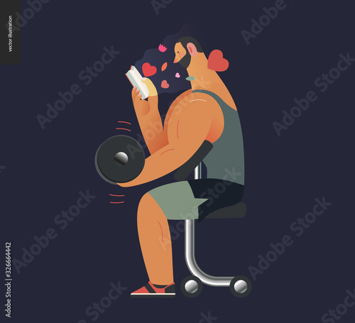 Weight lifting design template -World Book Day graphics -book week events. Modern flat vector concept illustrations of reading people -a brunette man lifting a dumbbell, reading a romance novel