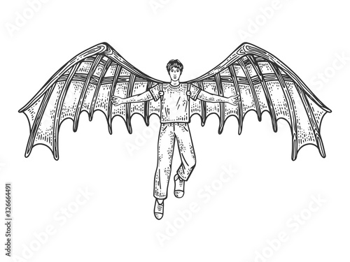 man with mechanical wings sketch engraving vector illustration. T-shirt apparel print design. Scratch board imitation. Black and white hand drawn image.