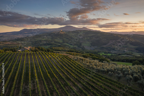 Picturesque tuscan vineyards from above by drone.