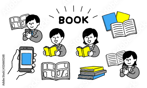 本・電子書籍を読むスーツ姿の人物セット（シンプル）