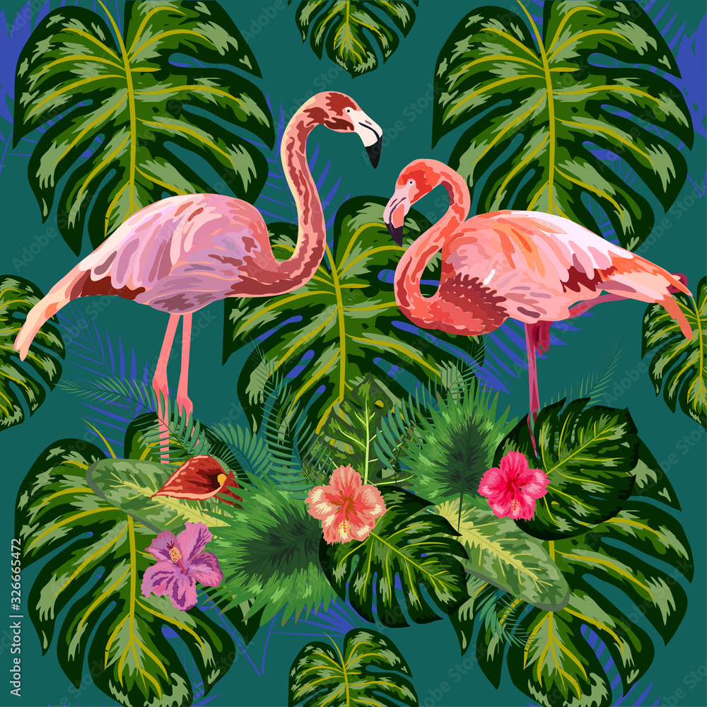 Fototapeta premium Beautiful hand drawn seamless pattern with palm leaves and flamingo.