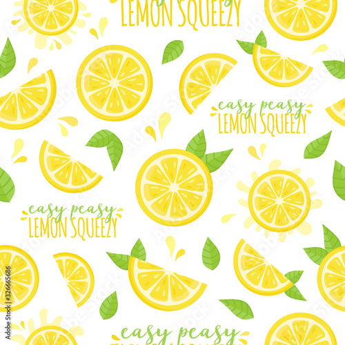 Easy peasy lemon squeezy vector illustration seamless pattern. Fresh half cut lemon fruit, citrus with green leaves and writing, quote. Isolated.