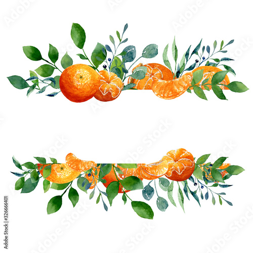 Fototapeta Naklejka Na Ścianę i Meble -  Horizontal botanical frame of watercolor tropical fruits and greenery. Pattern with mandarins, peeled, slices and green leaves. Food design for wrapping or invitation with place for text