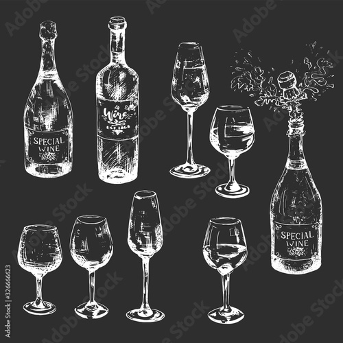 Black and white hand-drawn wine set with glasses