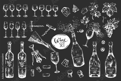 Monochrome hand-drawn wine set on dark background
