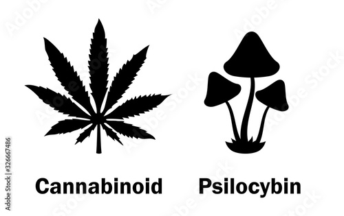 Organic narcotics icons, cannabis and hallucinogenic mushrooms
