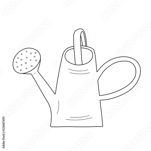 Watering can doodle illustration, isolated line art of metal watering pot for watering flowers, vector linear icon. Hand drawn isolated illustration, gardening gear