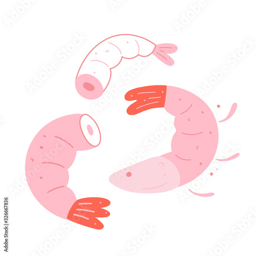 Raw shrimps isolated, doodle vector illustrations, prawn sea food, without head, cute hand drawn cartoon style, fresh seafood drawing, good as logo or icon drawing for cafe, menu or restaurant.