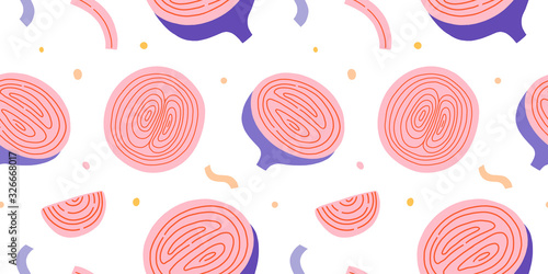 Purple onion vegetable, seamless vector background pattern with slices of onion, flying food ingredient. Good textile print for kitchen, modern flat hand drawn illustration, colorful trendy ornament